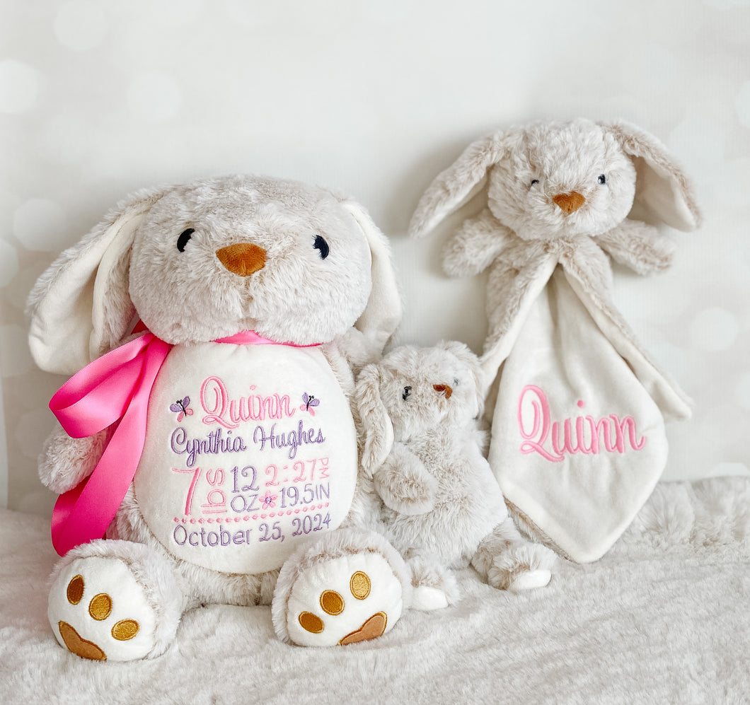 3 piece Custom Baby Gift Set – Embroidered Cream Bunny