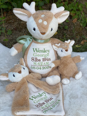 3 piece Custom Baby Gift Set – Embroidered Fawn Deer