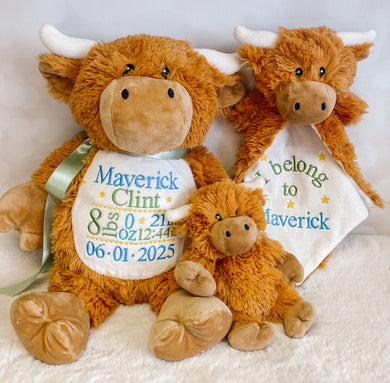 3 piece Custom Baby Gift Set – Embroidered Highland Cow