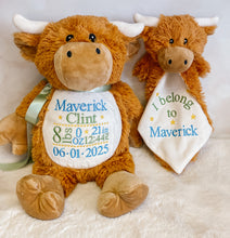 3 piece Custom Baby Gift Set – Embroidered Highland Cow